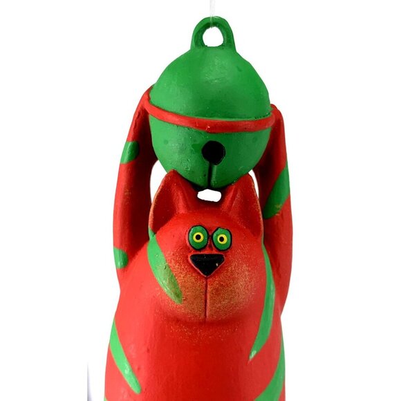 Dept 56 Red Green Stripe Cat Hanging onto Bell Christmas Ornament 6" Vintage - Picture 2 of 3